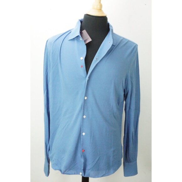 Isaia Solid Blue Woven Long Sleeve Cotton Button Up Polo Shirt Sz M BRAND NEW